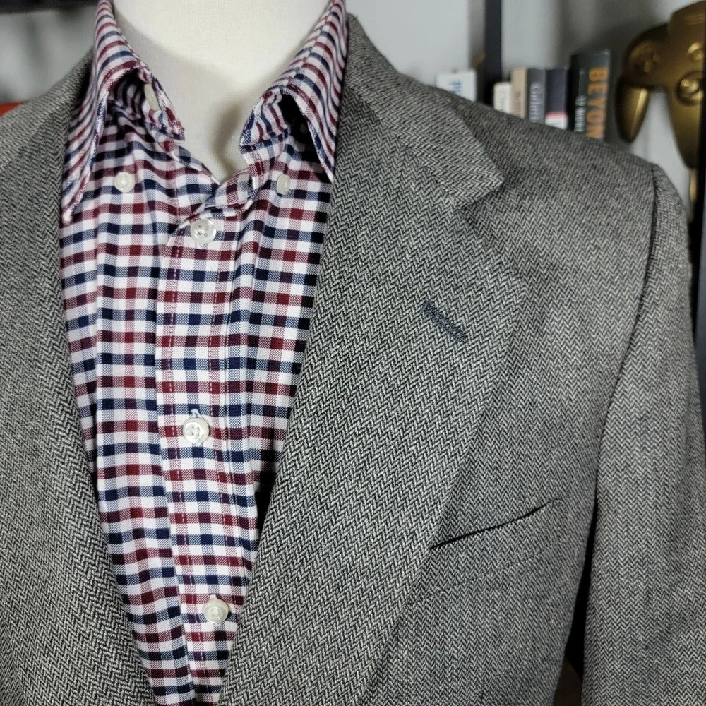 Town Craft Mens Sport Coat Blazer Two Button Gray Herringbone Silk Poly Wool 43L